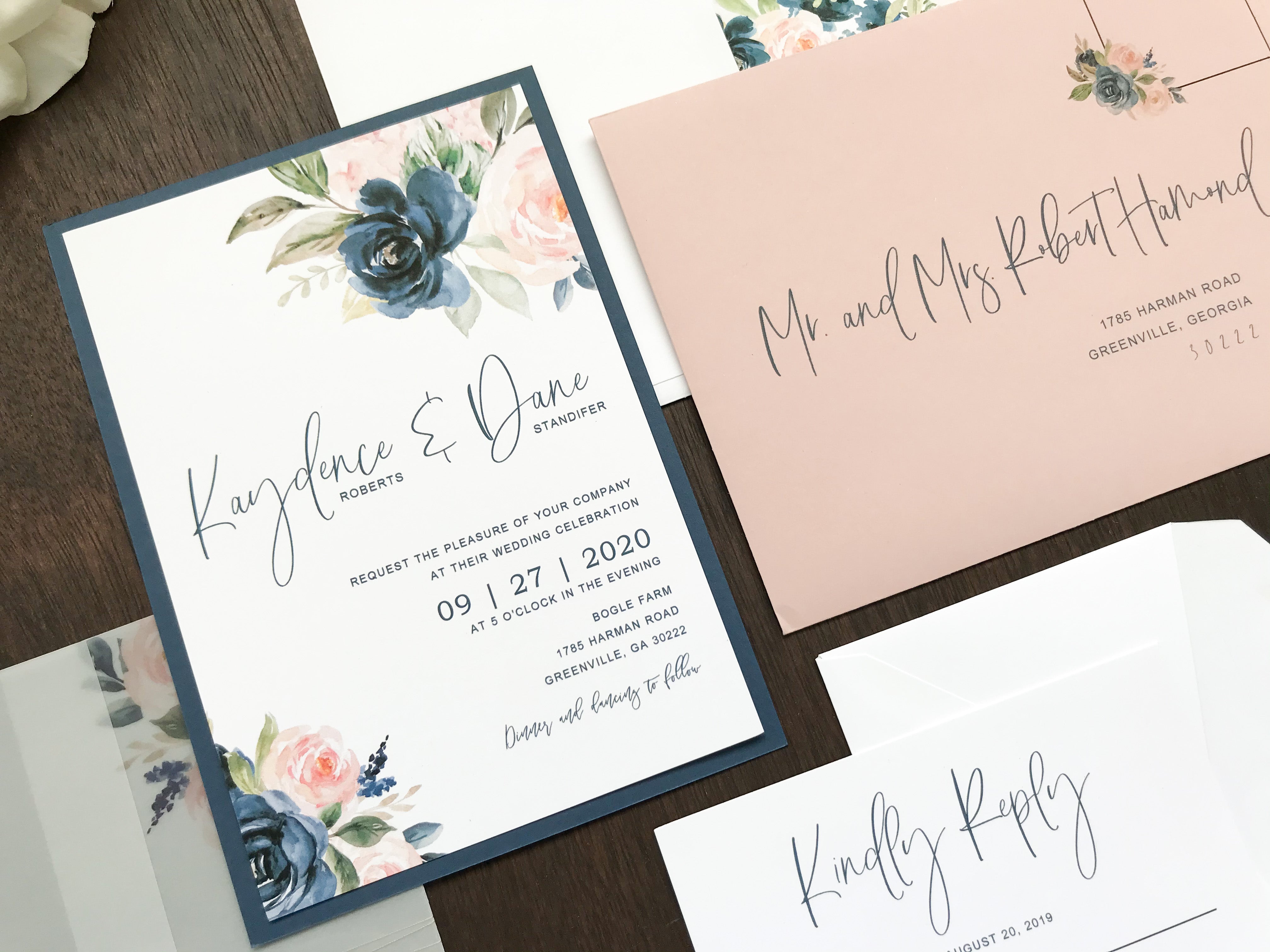 Blush Pink and Navy Blue Wedding Invitation with Vellum and Wax Seal