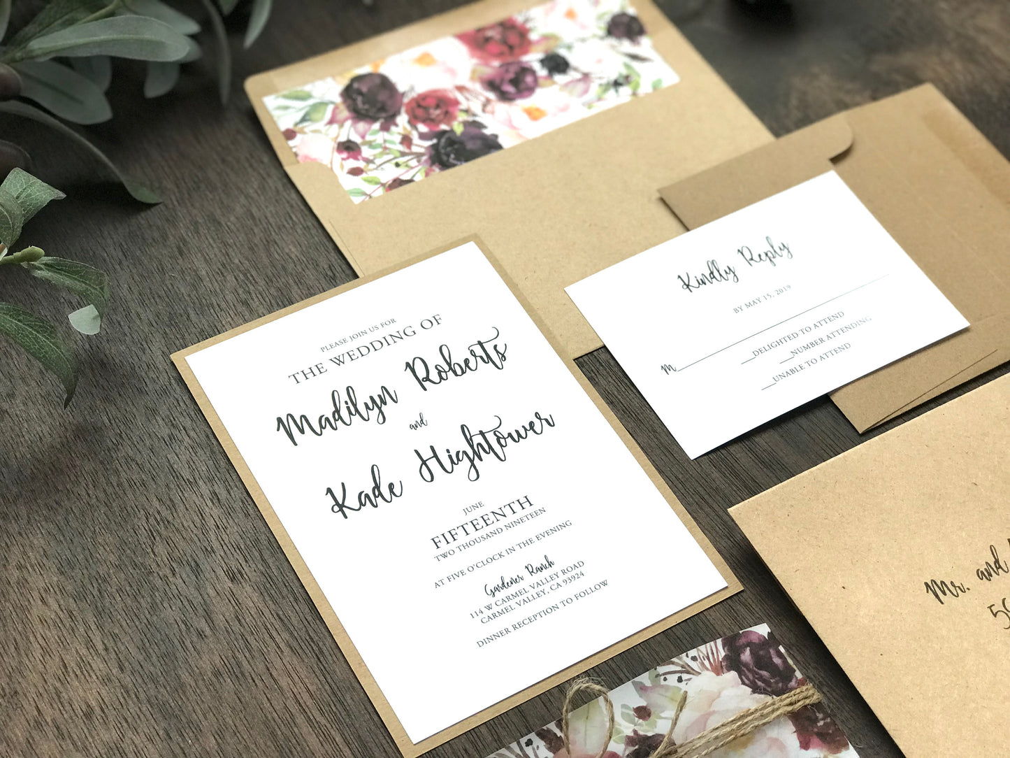 Marsala Burgundy Floral Wedding Invitation with vellum belly band and twine