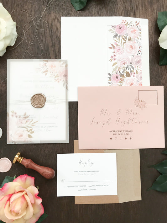 Muted Blush Pink and Neutral Floral Wedding Invitation with Vellum and Wax Seal