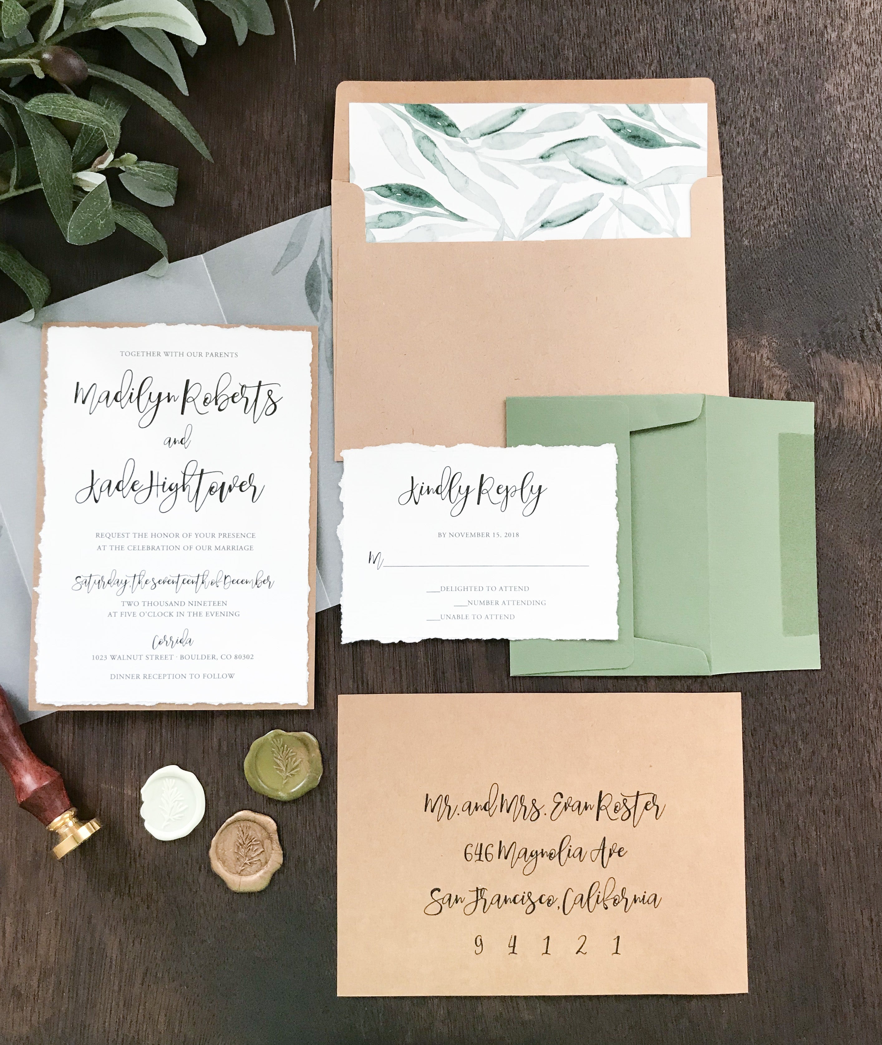Wax Seal Vellum Wedding Invitation with Greenery