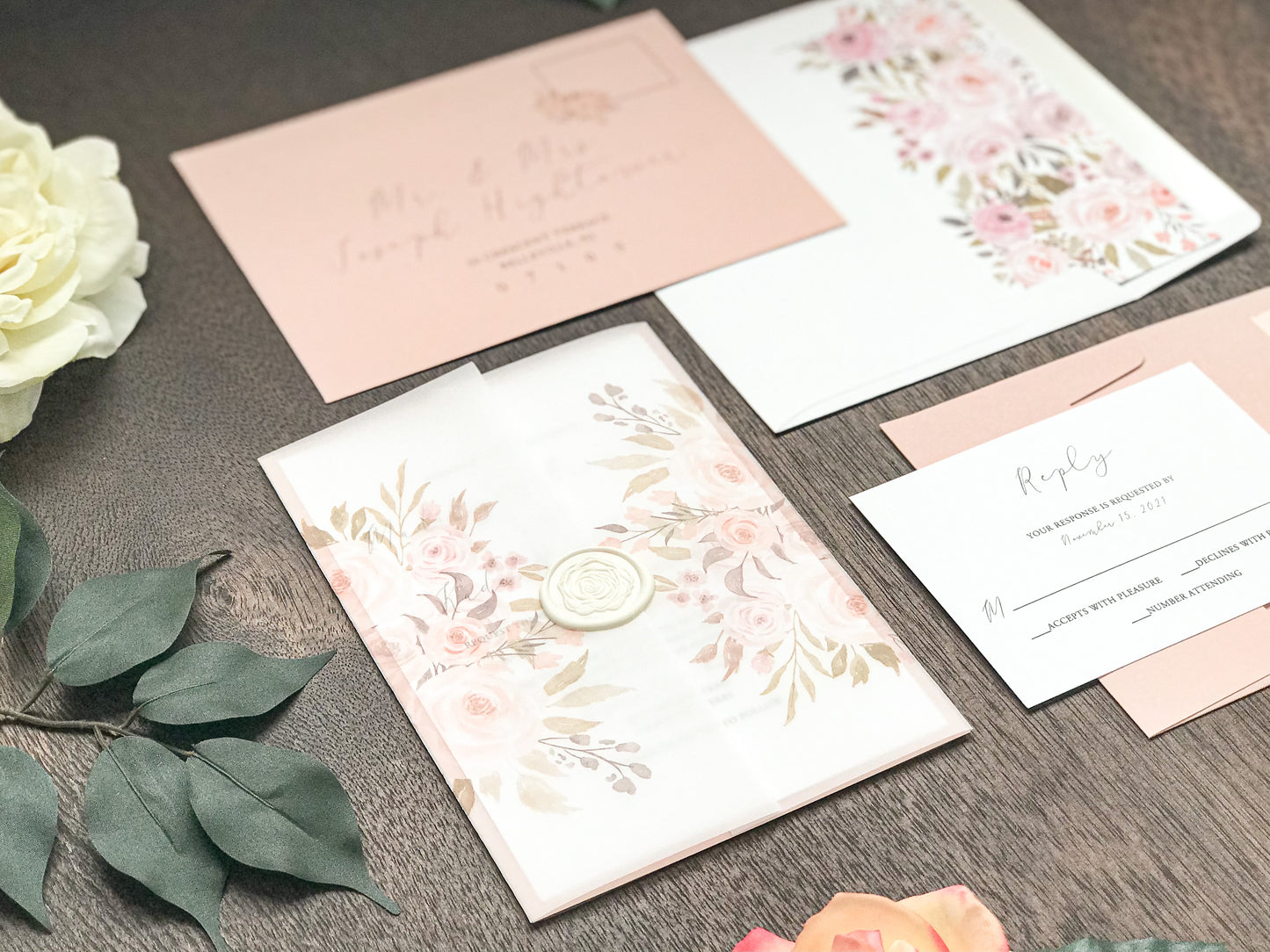 Blush Pink Floral Wedding Invitation with Vellum and Wax Seal