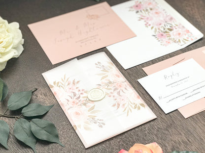 Blush Pink Floral Wedding Invitation with Vellum and Wax Seal