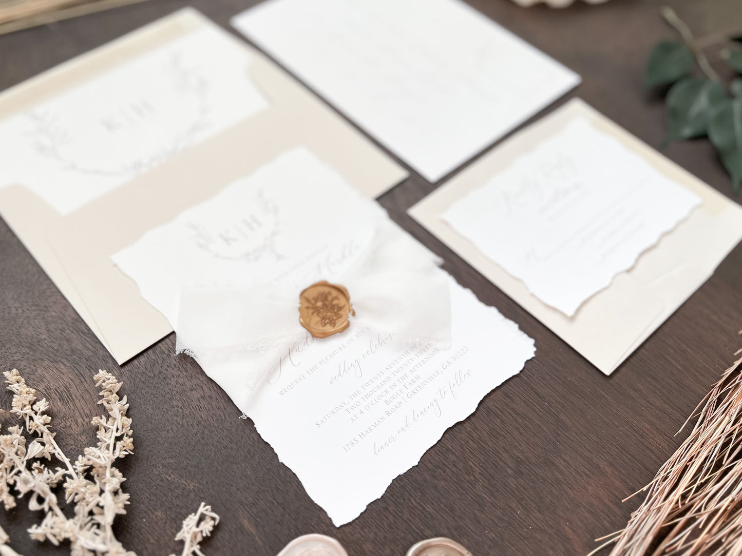 Modern Elegant Wedding Invitation with Deckled Edging, White Chiffon Ribbon & Antique Gold Botanical Wax Seal with Laurel Wreath & Monogram