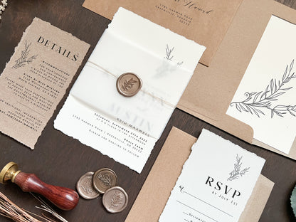 Contemporary Boho Wedding Invitation with Deckled Edging, Vellum Belly Band and Wax Seal