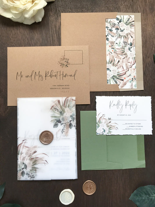 Boho Vellum Wedding Invitation with Wax Seal, Pampas Grass and Greenery
