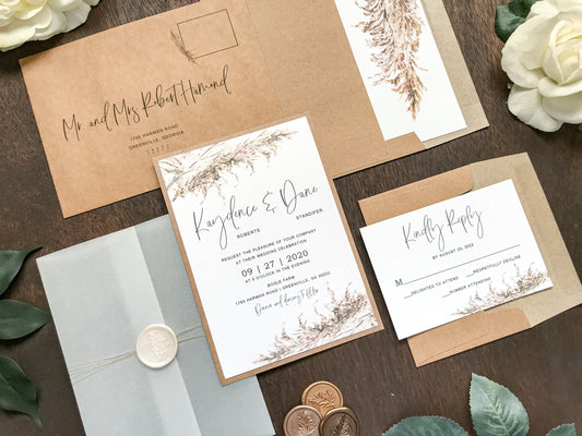 Pampas Grass Vellum Wedding Invitation with Wax Seal