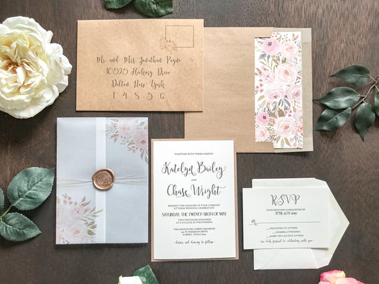 Blush Muted Pink and Neutral Floral Wedding Invitation with Vellum and Wax Seal
