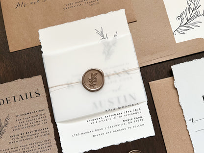 Contemporary Boho Wedding Invitation with Deckled Edging, Vellum Belly Band and Wax Seal