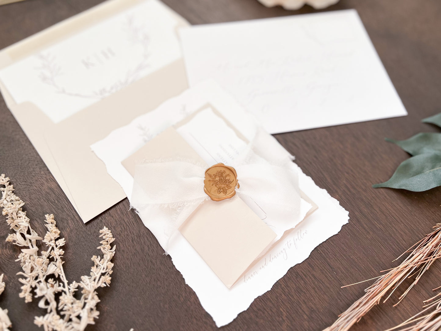 Modern Elegant Wedding Invitation with Deckled Edging, White Chiffon Ribbon & Antique Gold Botanical Wax Seal with Laurel Wreath & Monogram