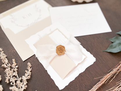 Modern Elegant Wedding Invitation with Deckled Edging, White Chiffon Ribbon & Antique Gold Botanical Wax Seal with Laurel Wreath & Monogram