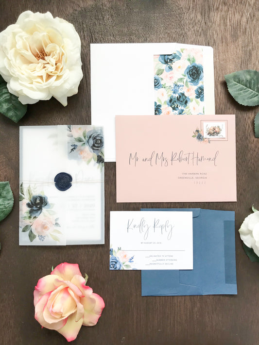 Blush Pink and Navy Blue Wedding Invitation with Vellum and Wax Seal
