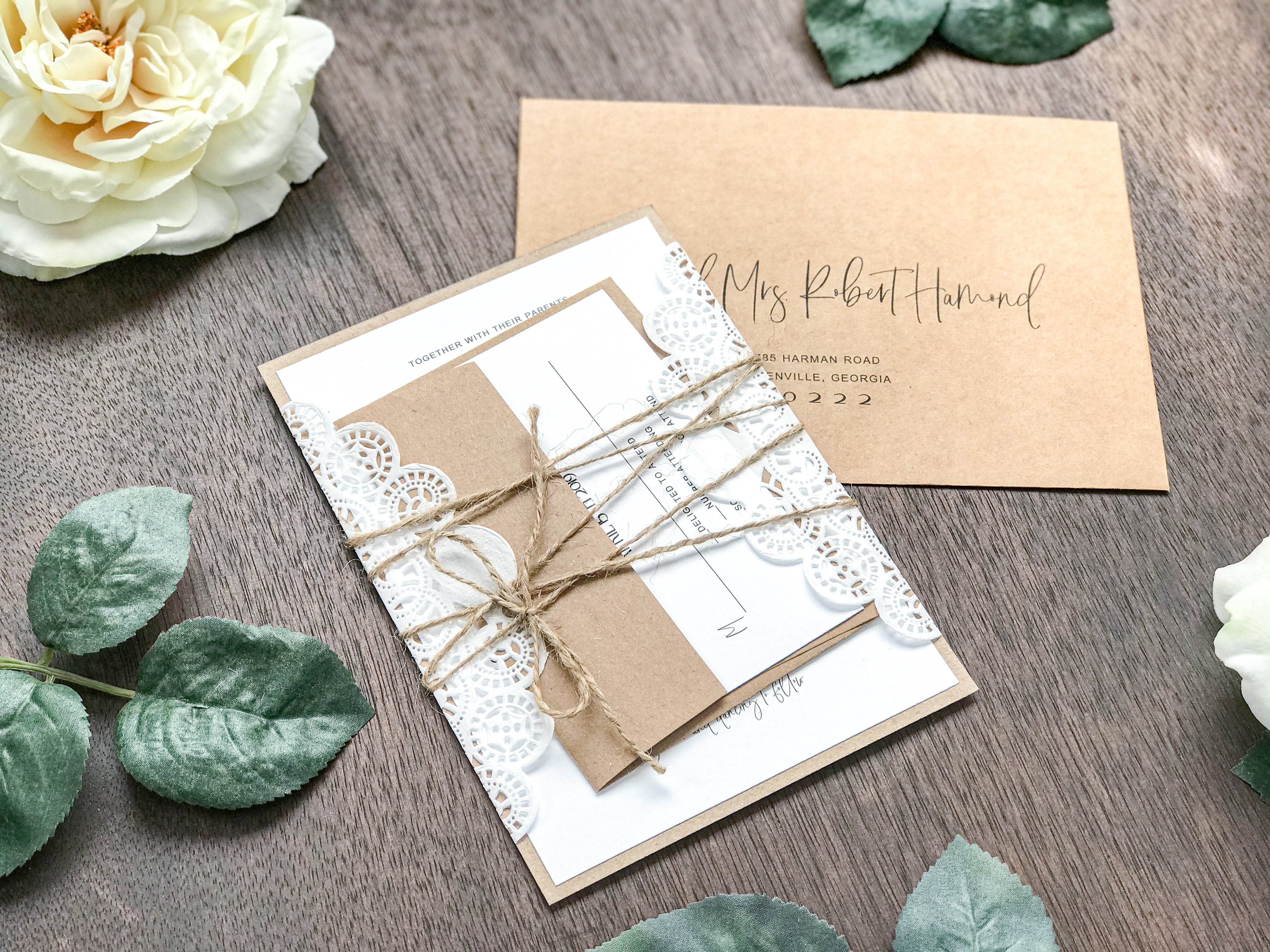 Rustic Lace Wedding Invitation with twine – Creative Custom Prints