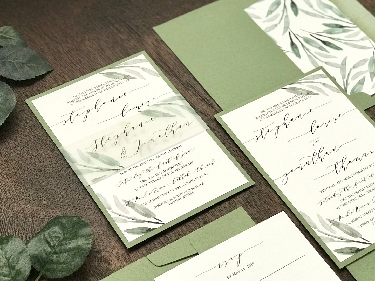 Greenery Wedding Invitation with Vellum belly band