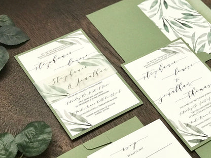 Greenery Wedding Invitation with Vellum belly band