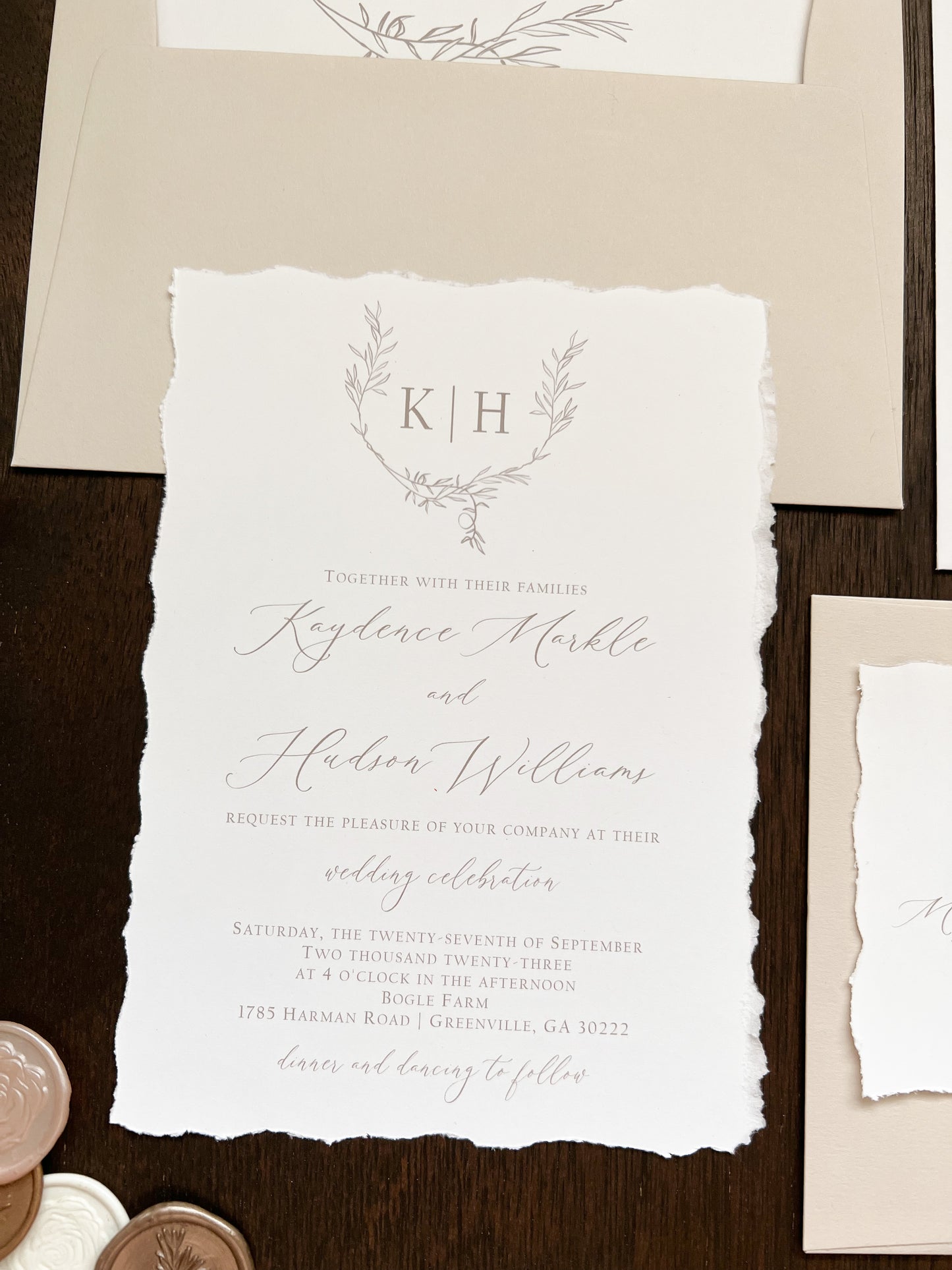 Modern Elegant Wedding Invitation with Deckled Edging, White Chiffon Ribbon & Antique Gold Botanical Wax Seal with Laurel Wreath & Monogram