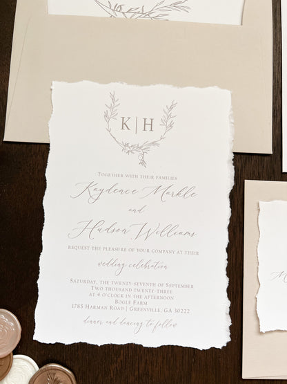 Modern Elegant Wedding Invitation with Deckled Edging, White Chiffon Ribbon & Antique Gold Botanical Wax Seal with Laurel Wreath & Monogram