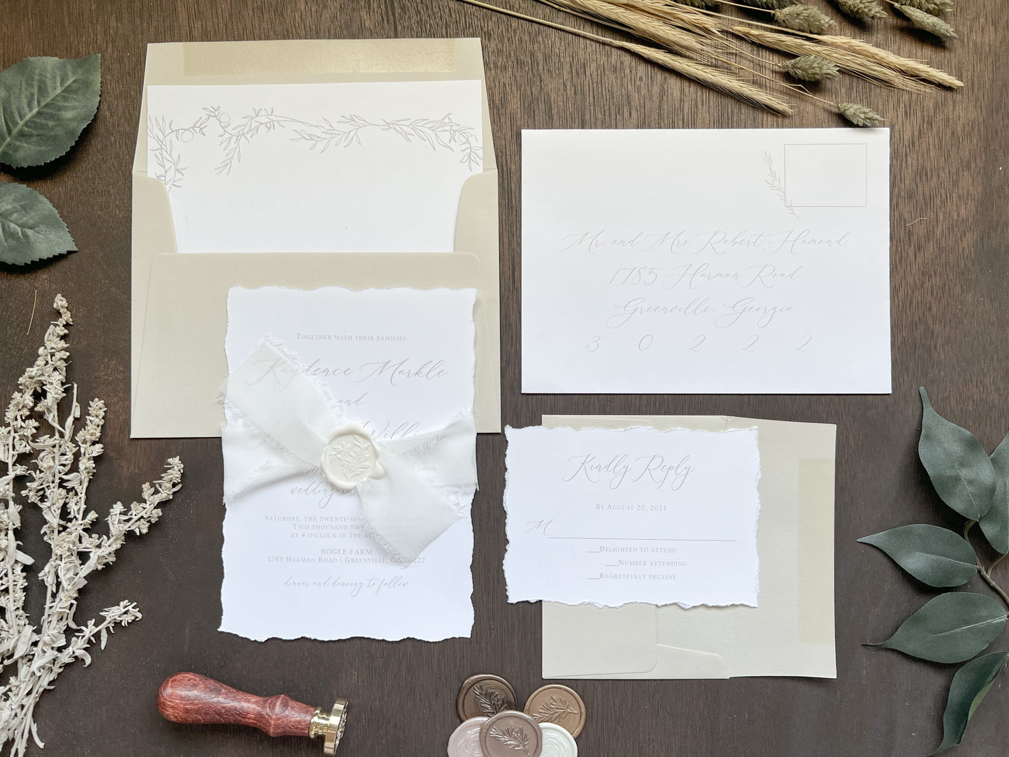 Classic Elegant Wedding Invitation with Deckled Edging, White Chiffon Ribbon & White Botanical Wax Seal
