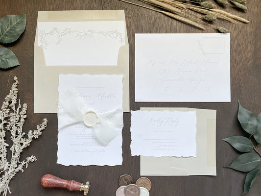 Classic Elegant Wedding Invitation with Deckled Edging, White Chiffon Ribbon & White Botanical Wax Seal
