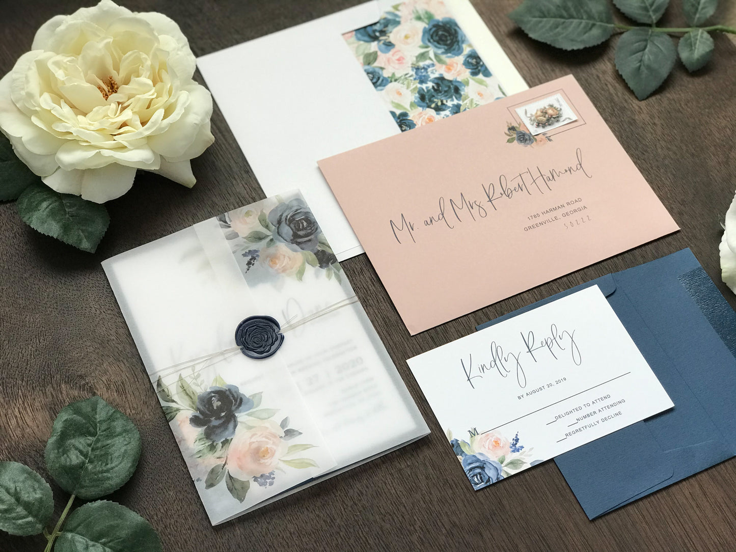 Blush Pink and Navy Blue Wedding Invitation with Vellum and Wax Seal