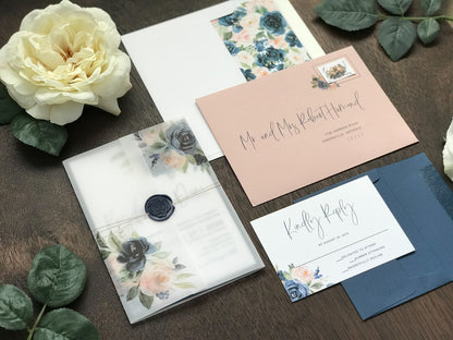 Blush Pink and Navy Blue Wedding Invitation with Vellum and Wax Seal