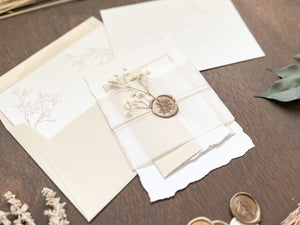 Elegant Wedding Invitation with Deckled Edging, Vellum Belly Band, Dried Baby’s Breath and Wax Seal