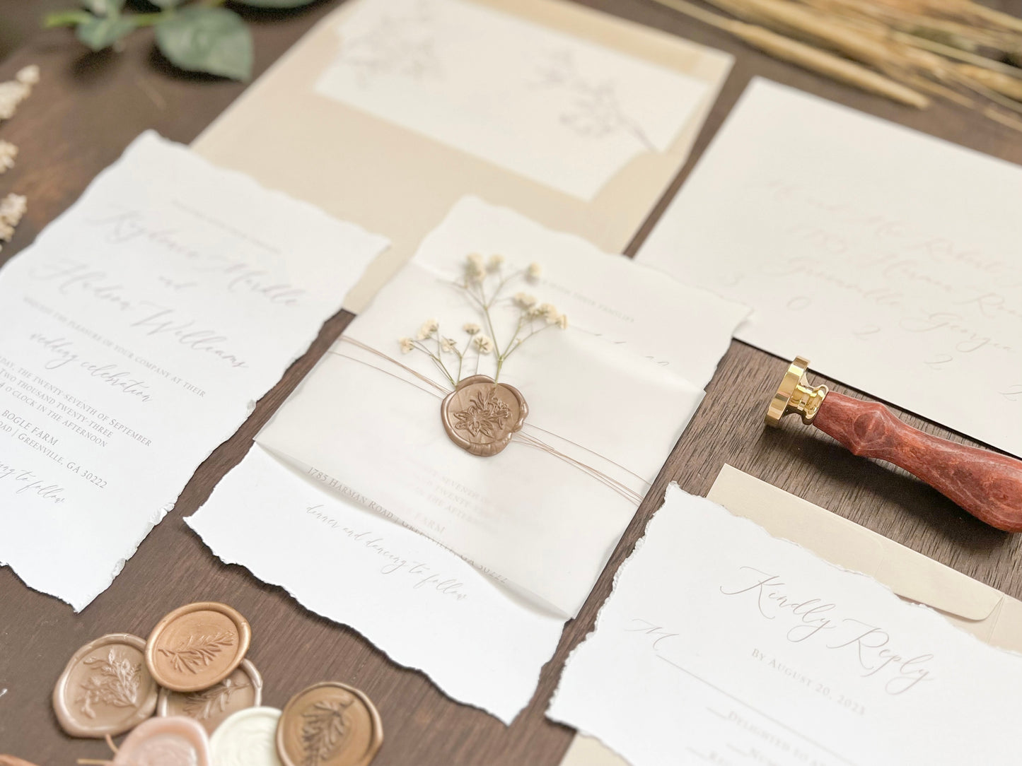 Elegant Wedding Invitation with Deckled Edging, Vellum Belly Band, Dried Baby’s Breath and Wax Seal