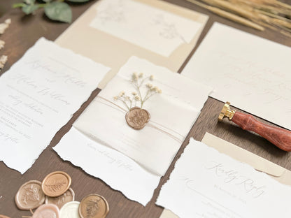 Elegant Wedding Invitation with Deckled Edging, Vellum Belly Band, Dried Baby’s Breath and Wax Seal