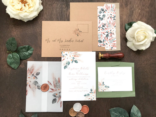 Boho Vellum Wedding Invitation with Wax Seal, Pampas Grass and Copper Foliage