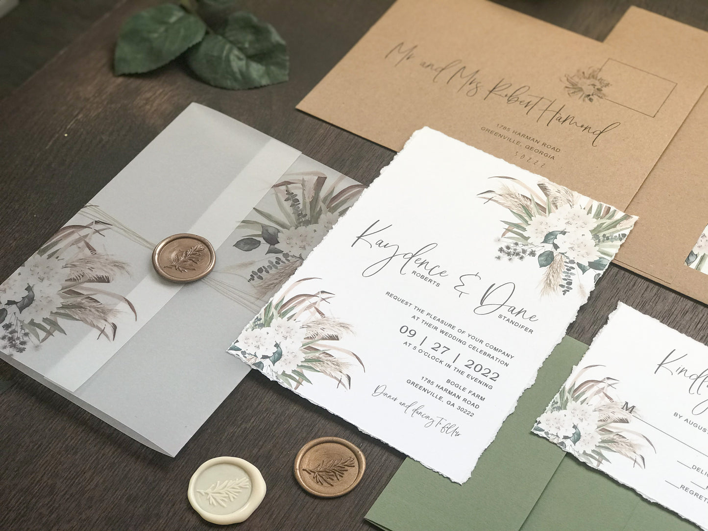 Boho Vellum Wedding Invitation with Wax Seal, Pampas Grass, Florals and Greenery