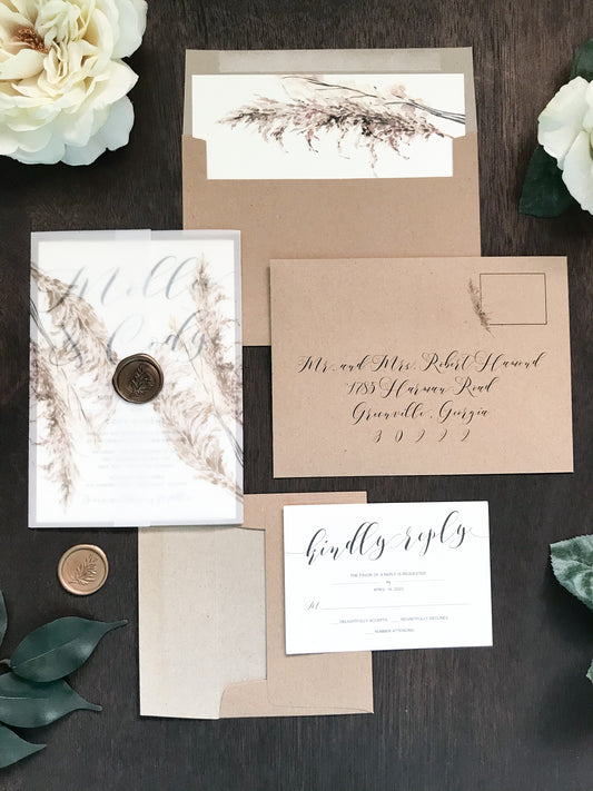 Pampas Grass Vellum Wedding Invitation with Wax Seal