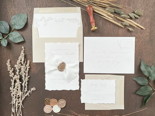 Classic Elegant Wedding Invitation with Deckled Edging, White Chiffon Ribbon & Wax Seal