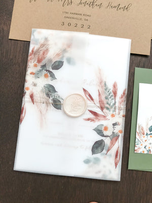 Boho Vellum Wedding Invitation with Wax Seal, Pampas Grass and Copper Foliage