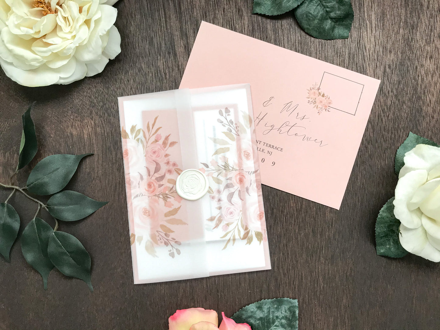 Blush Pink Floral Wedding Invitation with Vellum and Wax Seal