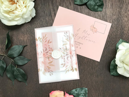 Blush Pink Floral Wedding Invitation with Vellum and Wax Seal
