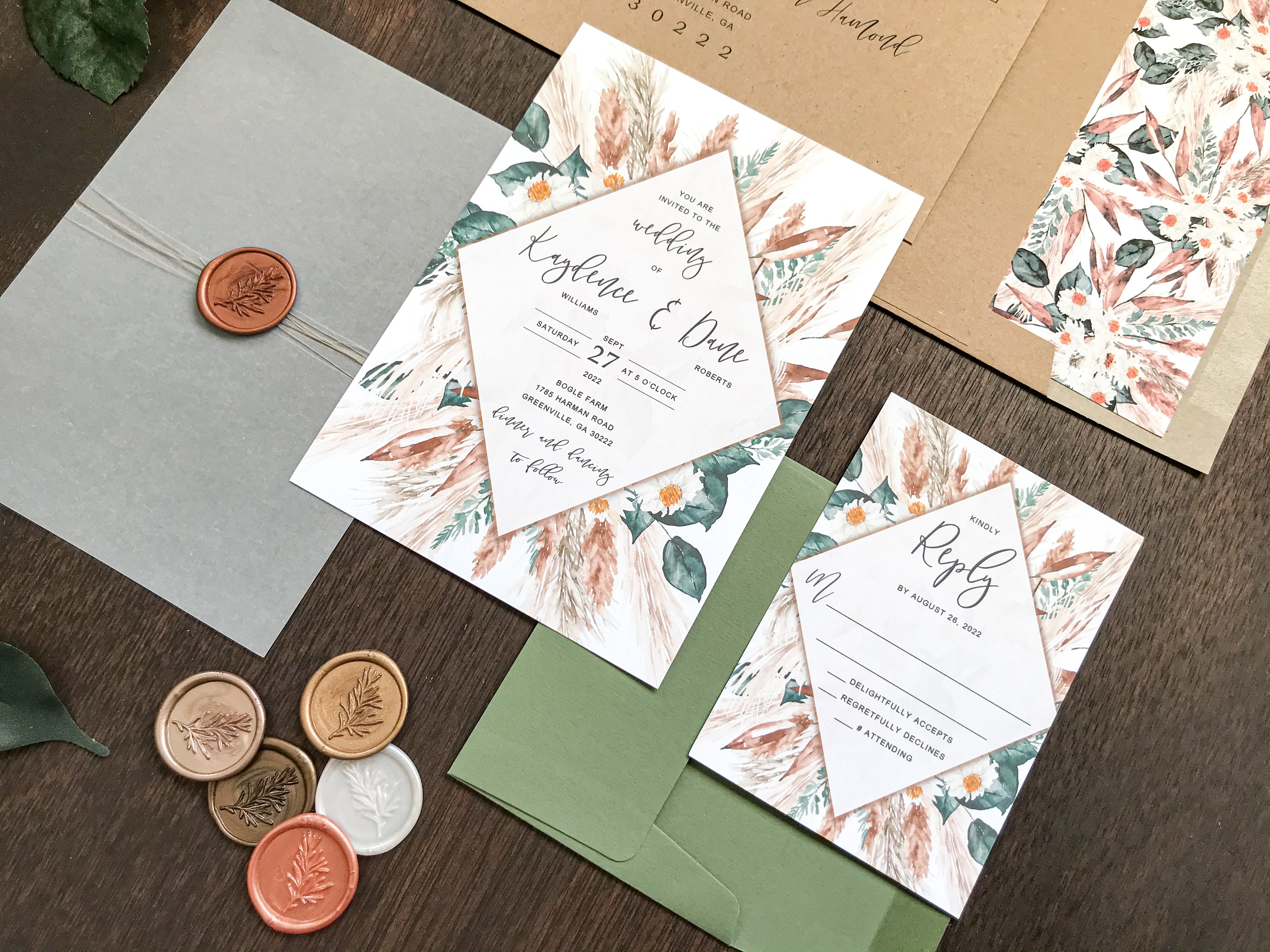Boho Wedding Invitation with Vellum Cover, Wax Seal, Pampas Grass, White Flowers and Copper Foliage