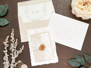 Modern Elegant Wedding Invitation with Deckled Edging, White Chiffon Ribbon & Antique Gold Botanical Wax Seal with Laurel Wreath & Monogram