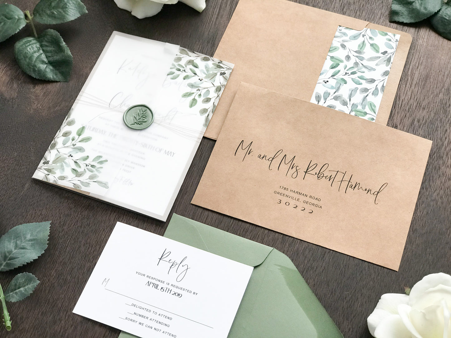 Greenery Wax Seal Vellum Wedding Invitation