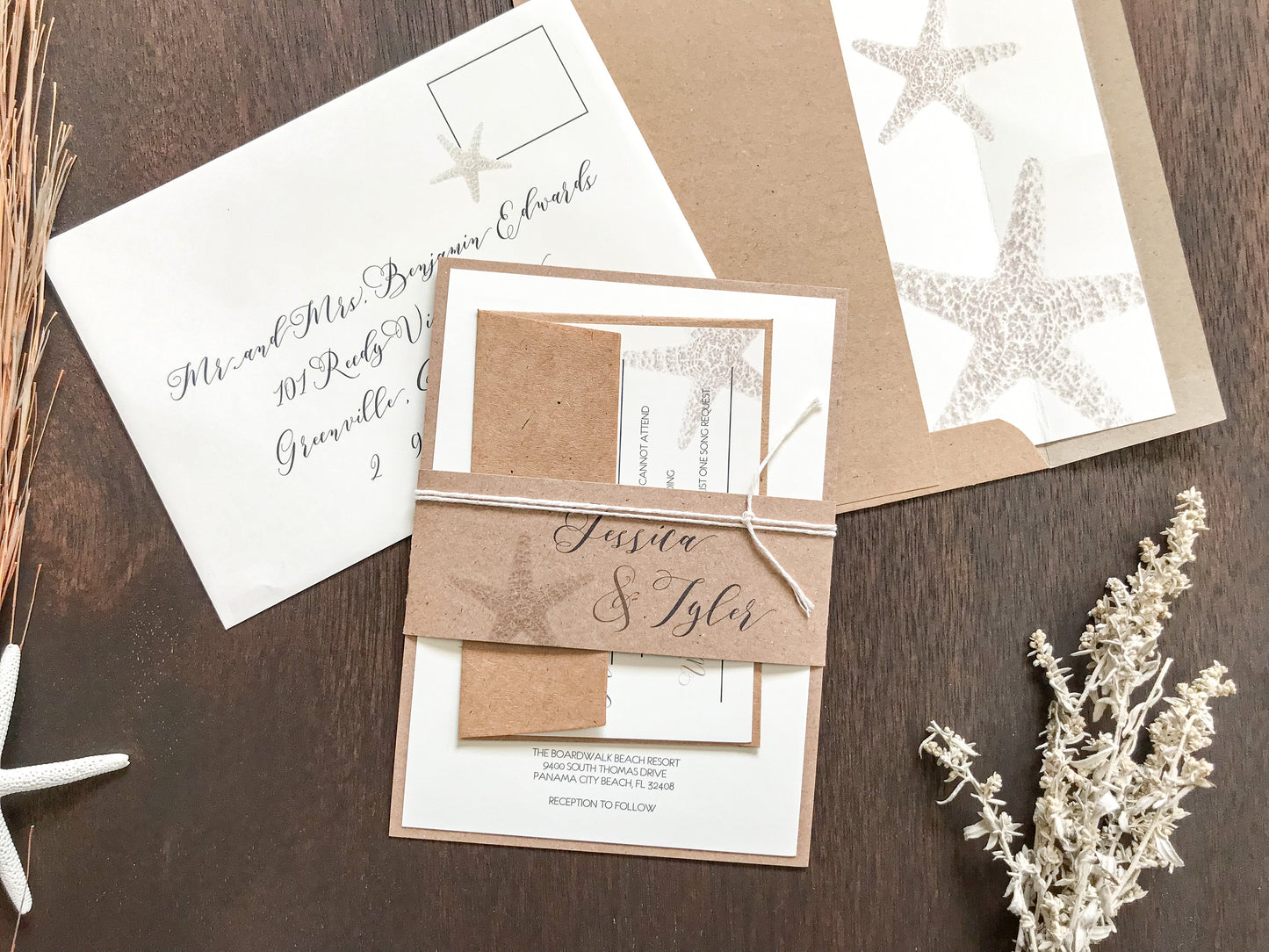 Rustic Beach Wedding Invitation with Personalized Kraft Bellyband and White Cord