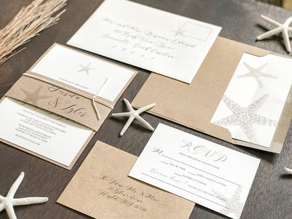Rustic Beach Wedding Invitation with Personalized Kraft Bellyband and White Cord