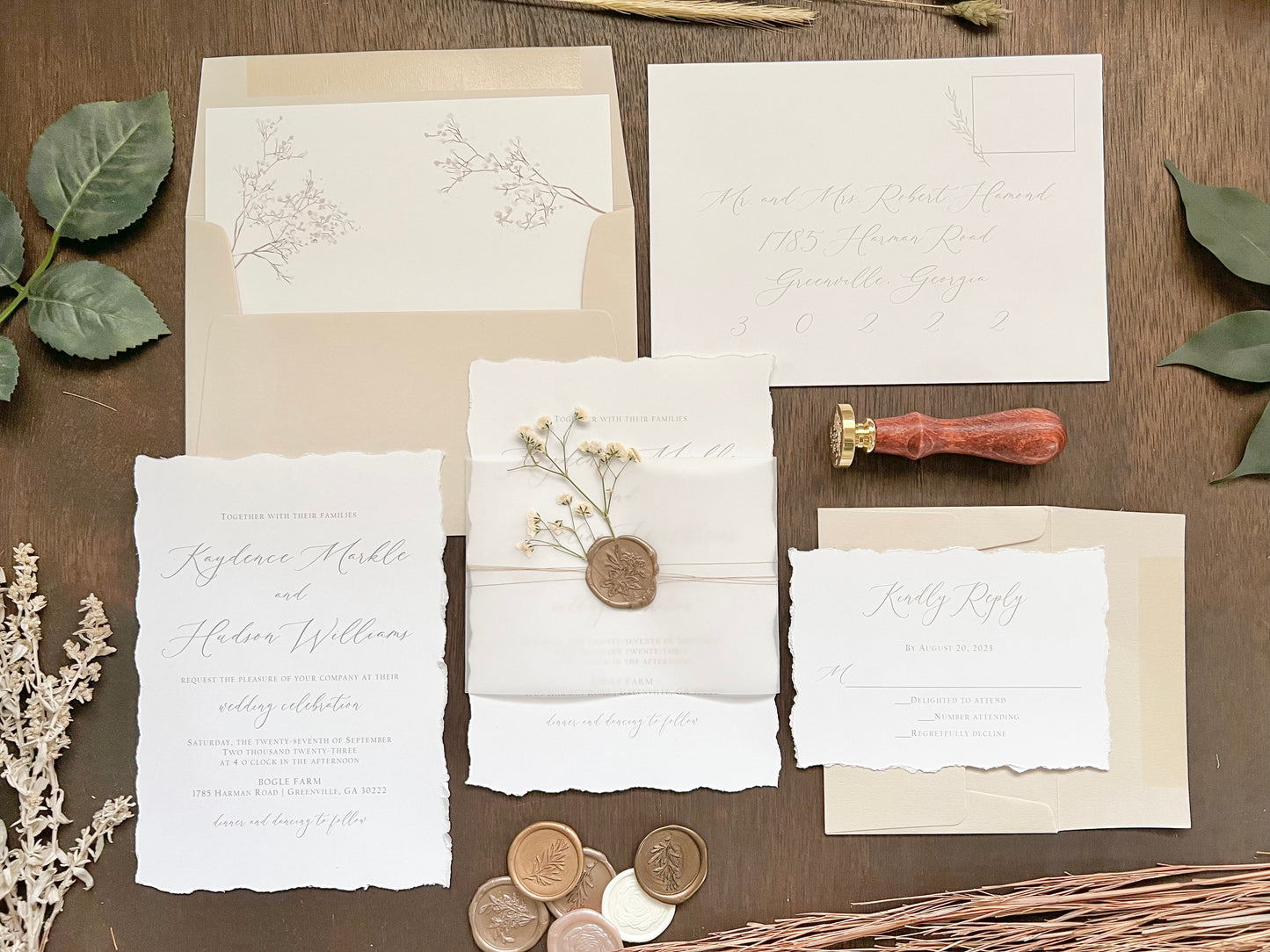 Elegant Wedding Invitation with Deckled Edging, Vellum Belly Band, Dried Baby’s Breath and Wax Seal