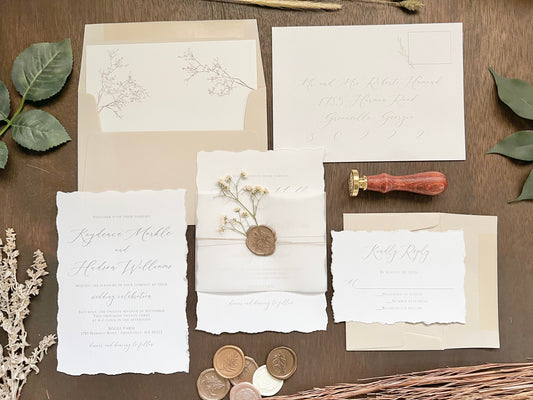 Elegant Wedding Invitation with Deckled Edging, Vellum Belly Band, Dried Baby’s Breath and Wax Seal