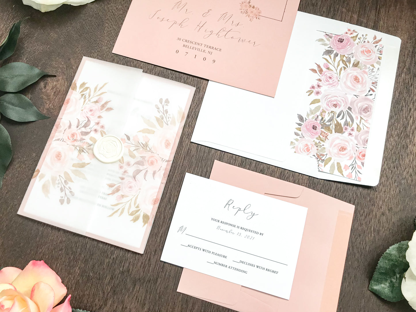 Blush Pink Floral Wedding Invitation with Vellum and Wax Seal