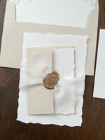 Classic Elegant Wedding Invitation with Deckled Edging, White Chiffon Ribbon & Wax Seal