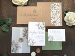 Boho Vellum Wedding Invitation with Wax Seal, White Flowers, Pampas Grass and Greenery