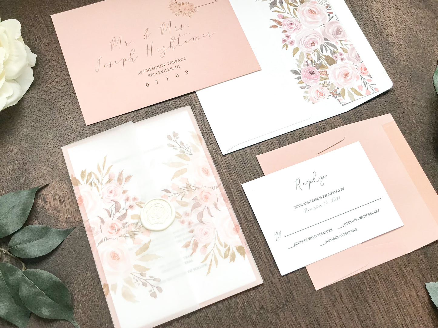 Blush Pink Floral Wedding Invitation with Vellum and Wax Seal