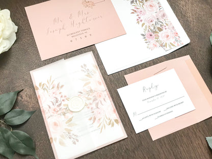 Blush Pink Floral Wedding Invitation with Vellum and Wax Seal