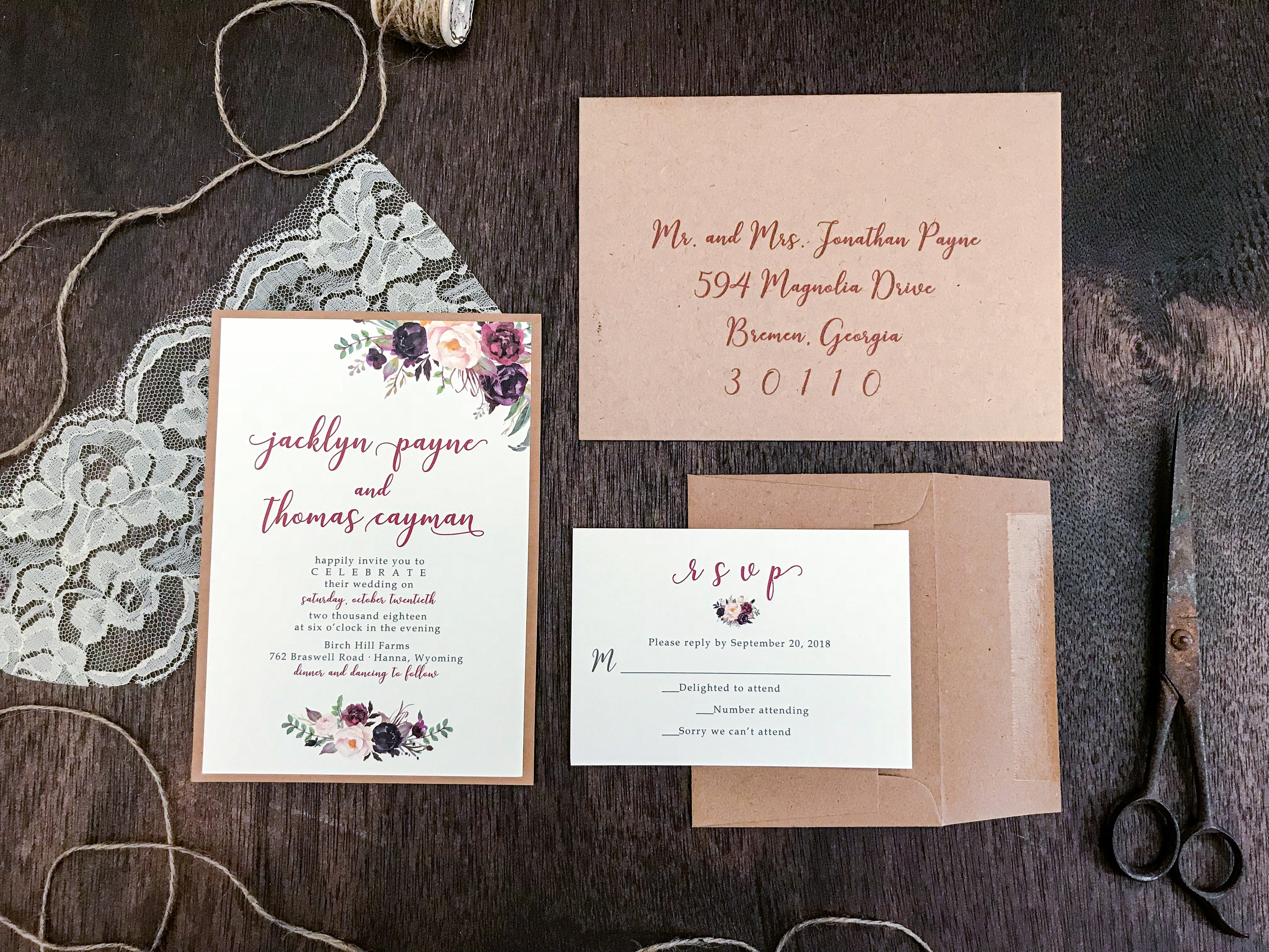 Burgundy Floral Wedding Invitation with ivory lace and twine
