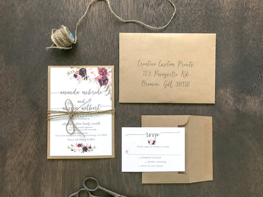 Burgundy, Blush and Plum Floral Wedding Invitation with twine