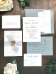Dusty Blue Wedding Invitation with Vellum, Ribbon and Wax Seal