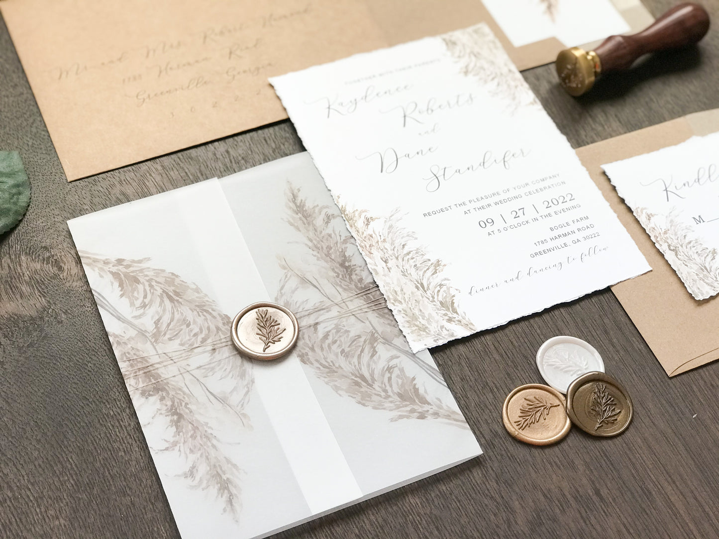 Deckled Edge Boho Vellum Wedding Invitation with Wax Seal and Pampas Grass